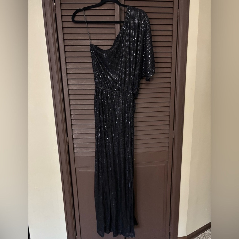 Dress Day Black Sequin One Shoulder Maxi Dress Slit Knit Size M - Picture 3 of 5